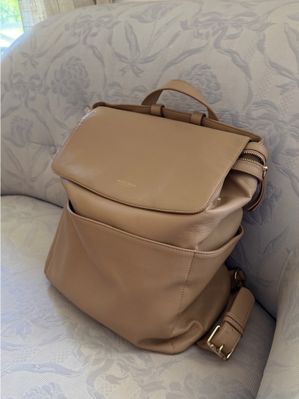 Mina Baie Kinney Full Leather Baby Diaper Backpack in Tan